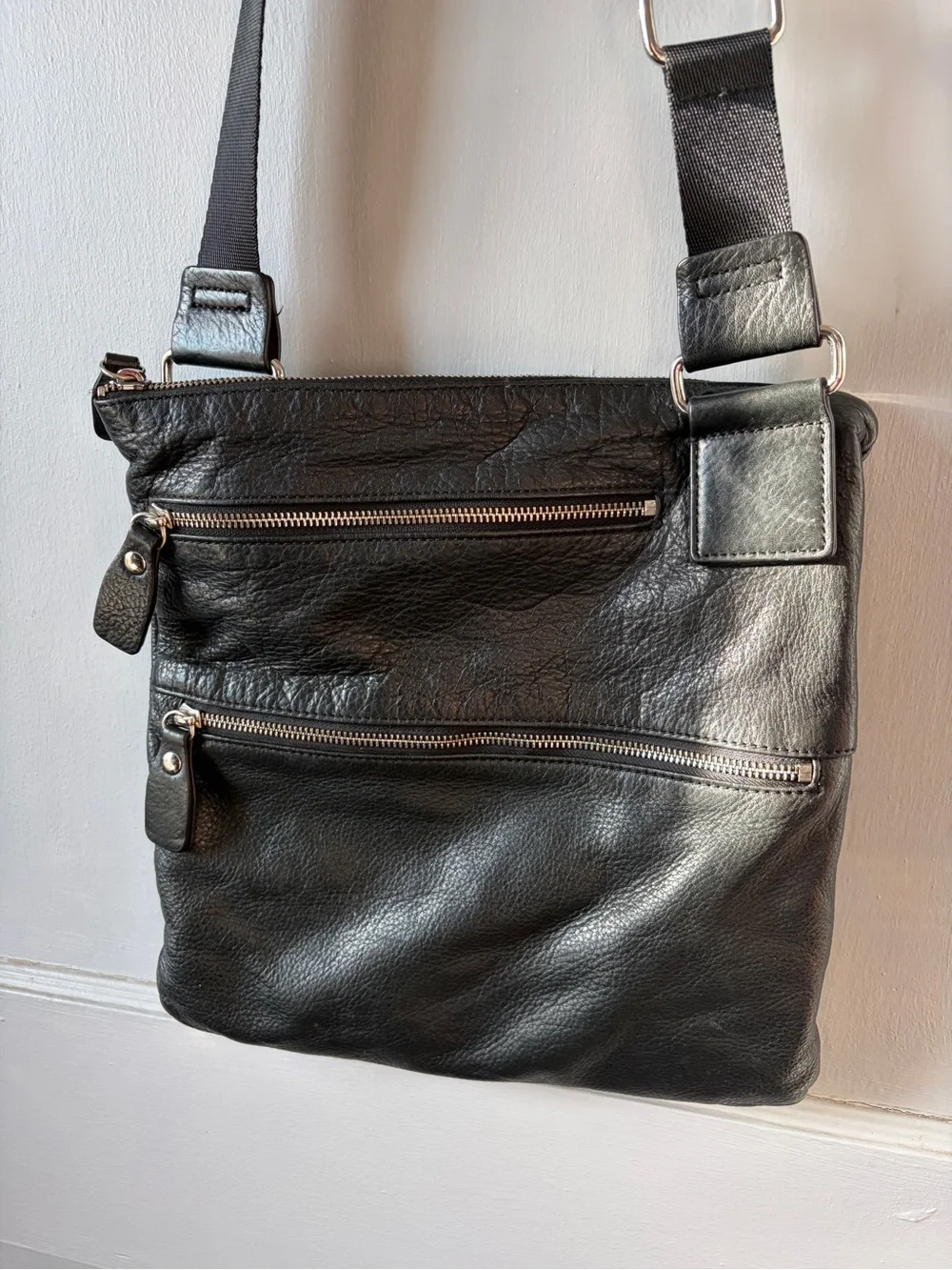 margot Black Leather Messenger Bag with Silver Zippers